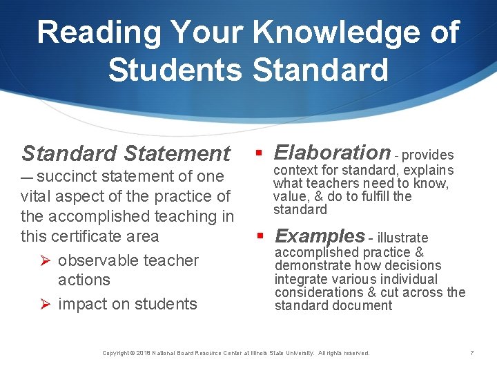 Reading Your Knowledge of Students Standard Statement — succinct statement of one vital aspect