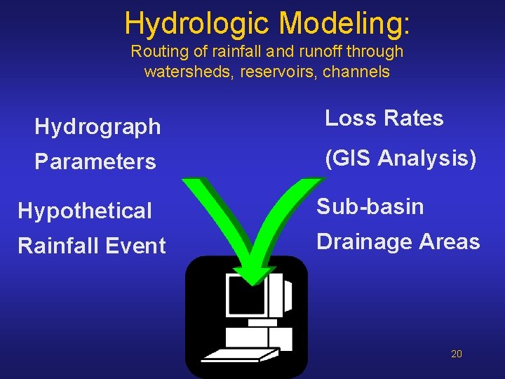 Hydrologic Modeling: Routing of rainfall and runoff through watersheds, reservoirs, channels Hydrograph Loss Rates Hydrologic Modeling: Routing of rainfall and runoff through watersheds, reservoirs, channels Hydrograph Loss Rates