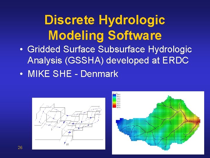 Discrete Hydrologic Modeling Software • Gridded Surface Subsurface Hydrologic Analysis (GSSHA) developed at ERDC Discrete Hydrologic Modeling Software • Gridded Surface Subsurface Hydrologic Analysis (GSSHA) developed at ERDC