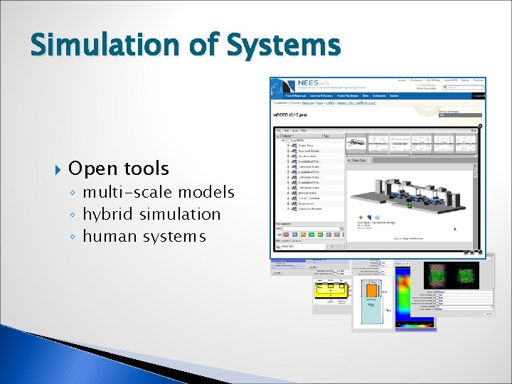 Simulation of Systems Open tools ◦ multi-scale models ◦ hybrid simulation ◦ human systems