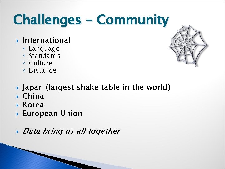 Challenges - Community International ◦ ◦ Language Standards Culture Distance Japan (largest shake table