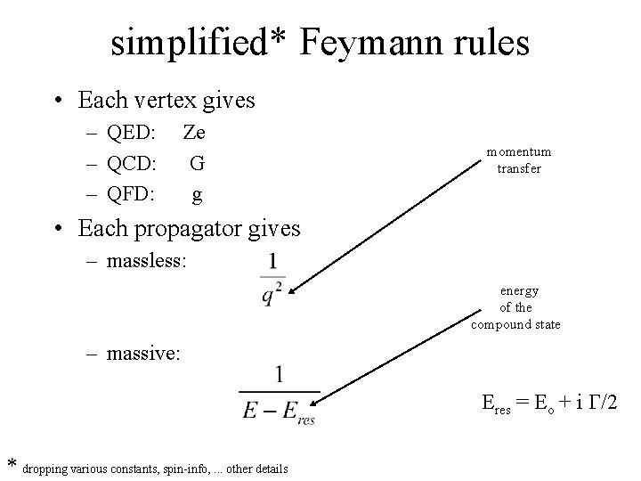 simplified* Feymann rules • Each vertex gives – QED: – QCD: – QFD: Ze