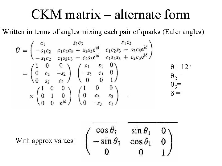CKM matrix – alternate form Written in terms of angles mixing each pair of