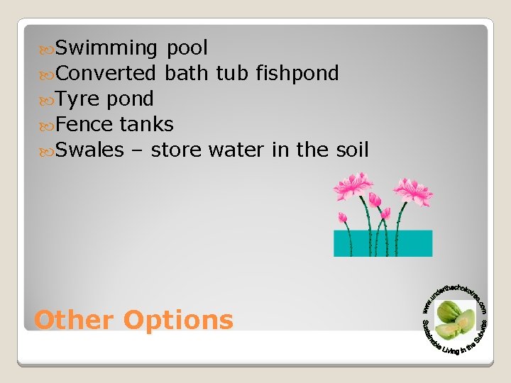 Swimming pool Converted bath tub fishpond Tyre pond Fence tanks Swales – store