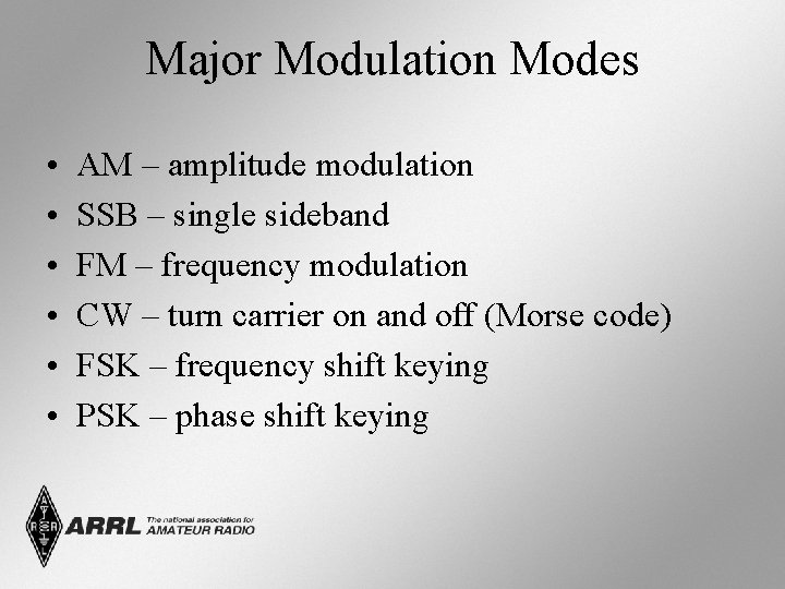 Major Modulation Modes • • • AM – amplitude modulation SSB – single sideband
