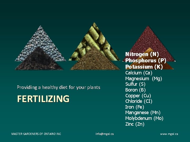 Nitrogen (N) Phosphorus (P) Potassium (K) Providing a healthy diet for your plants FERTILIZING