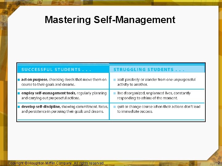 Mastering Self-Management Copyright © Houghton Mifflin Company. All rights reserved. 2 