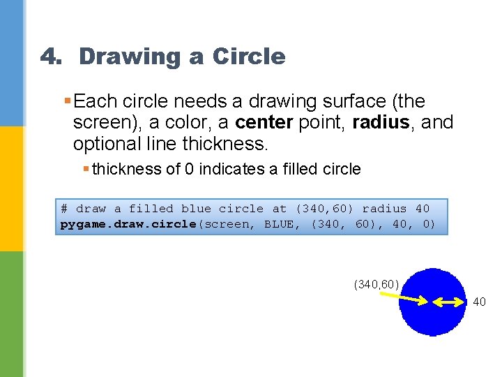 4. Drawing a Circle §Each circle needs a drawing surface (the screen), a color,