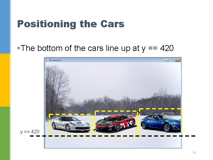 Positioning the Cars §The bottom of the cars line up at y == 420