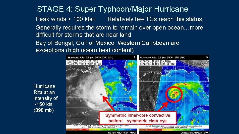 STAGE 4: Super Typhoon/Major Hurricane Peak winds > 100 kts+ Relatively few TCs reach