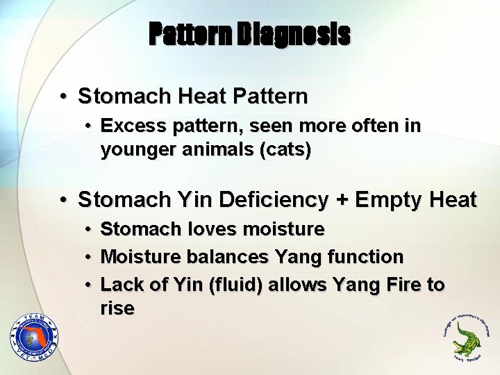 Pattern Diagnosis • Stomach Heat Pattern • Excess pattern, seen more often in younger