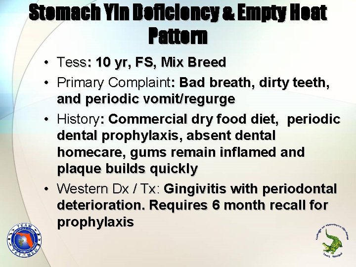 Stomach Yin Deficiency & Empty Heat Pattern • • Tess: 10 yr, FS, Mix