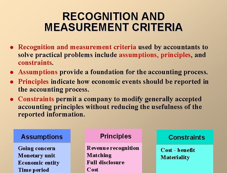 RECOGNITION AND MEASUREMENT CRITERIA l l Recognition and measurement criteria used by accountants to