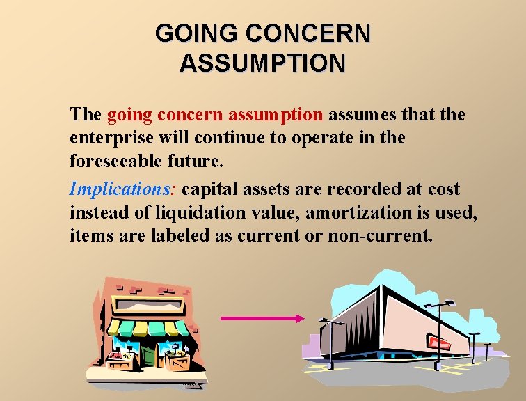 GOING CONCERN ASSUMPTION The going concern assumption assumes that the enterprise will continue to