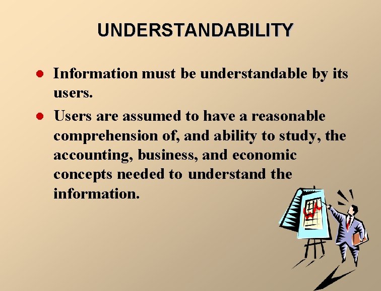 UNDERSTANDABILITY l l Information must be understandable by its users. Users are assumed to