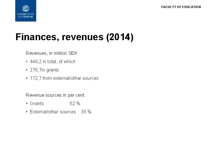 FACULTY OF EDUCATION Finances, revenues (2014) Revenues, in million SEK • 449, 2 in