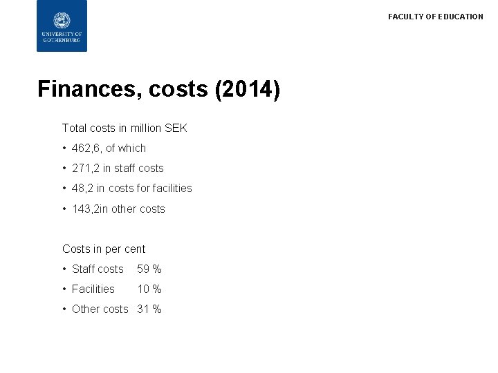 FACULTY OF EDUCATION Finances, costs (2014) Total costs in million SEK • 462, 6,