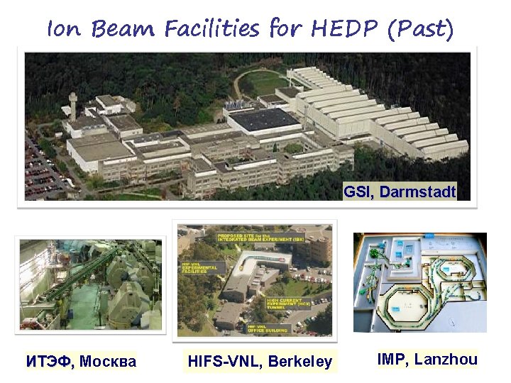 Ion Beam Facilities for HEDP (Past) GSI, Darmstadt ИТЭФ, Москва HIFS-VNL, Berkeley IMP, Lanzhou