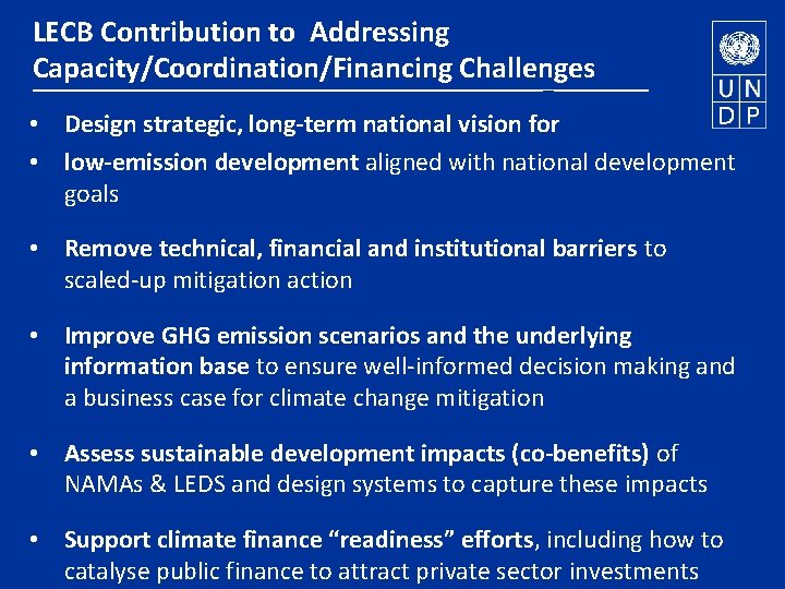 LECB Contribution to Addressing Capacity/Coordination/Financing Challenges • Design strategic, long-term national vision for •