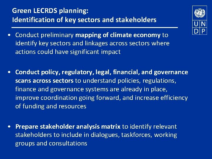 Green LECRDS planning: Identification of key sectors and stakeholders • Conduct preliminary mapping of