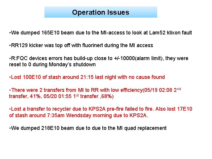 Operation Issues • We dumped 165 E 10 beam due to the MI-access to