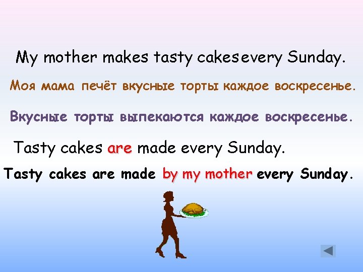 My mother makes tasty cakes every Sunday. Моя мама печёт вкусные торты каждое воскресенье.