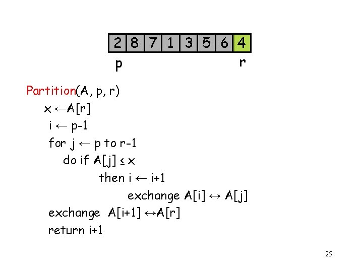 2 8 7 1 3 5 6 4 r p Partition(A, p, r) x