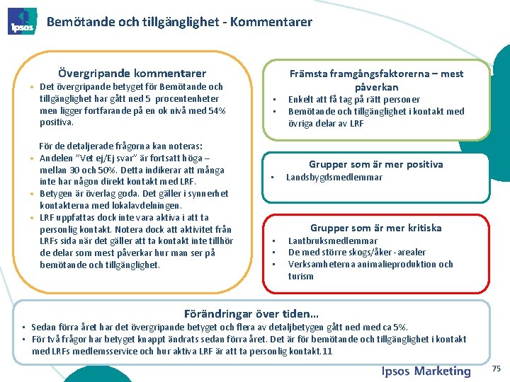 Bemötande och tillgänglighet - Kommentarer Övergripande kommentarer • Det övergripande betyget för Bemötande och