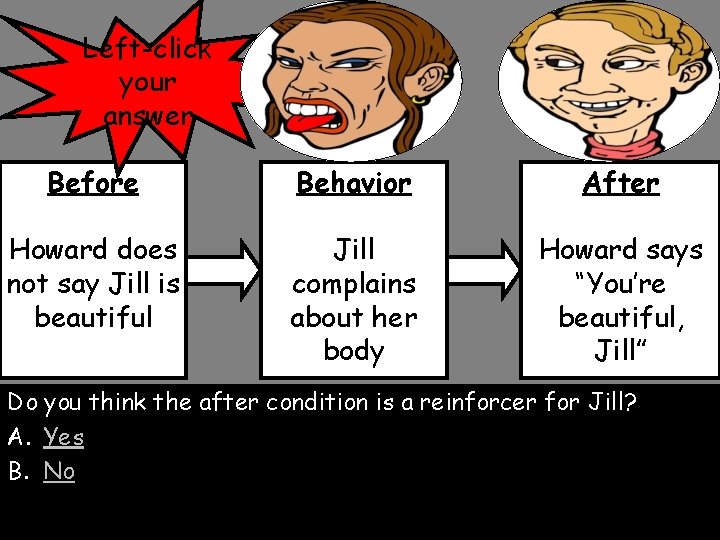 Left-click your answer Before Behavior After Howard does not say Jill is beautiful Jill