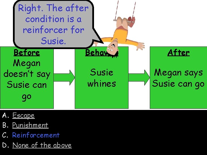 Right. The after condition is a reinforcer for Susie. Before Megan doesn’t say Susie