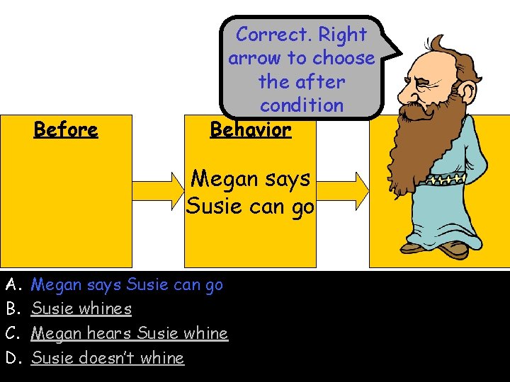 Before Correct. Right arrow to choose the after condition Behavior Megan says Susie can