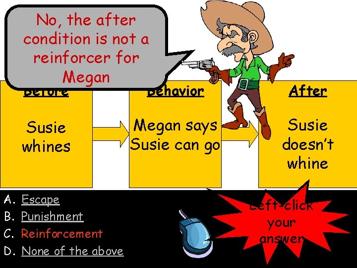No, the after condition is not a reinforcer for Megan A. B. C. D.