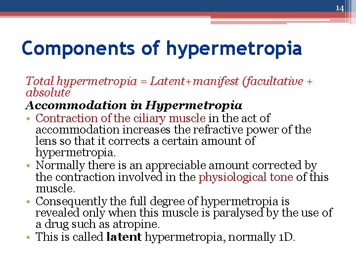 14 Components of hypermetropia Total hypermetropia = Latent+manifest (facultative + absolute Accommodation in Hypermetropia