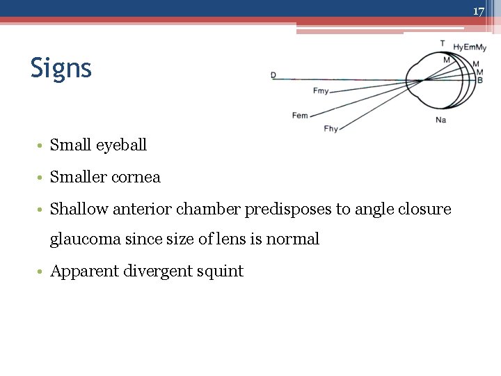 17 Signs • Small eyeball • Smaller cornea • Shallow anterior chamber predisposes to