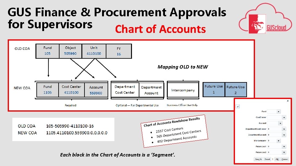 GUS Finance & Procurement Approvals for Supervisors Chart of Accounts Mapping OLD to NEW