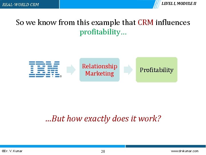 LEVEL I, MODULE II REAL-WORLD CRM So we know from this example that CRM