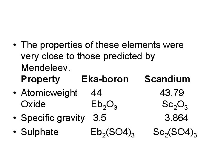  • The properties of these elements were very close to those predicted by