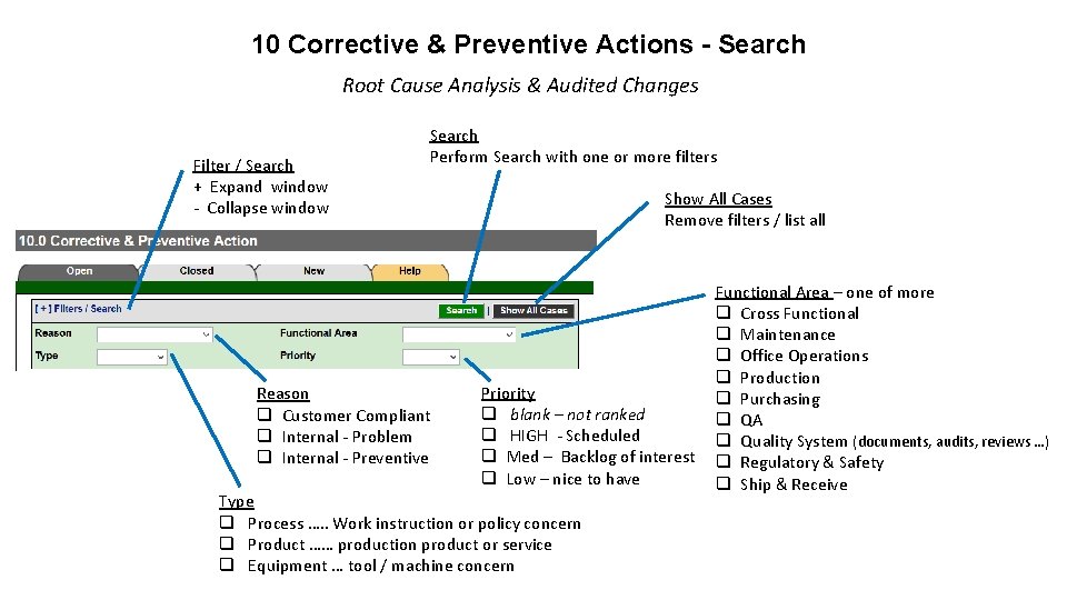 10 Corrective & Preventive Actions - Search Root Cause Analysis & Audited Changes Filter