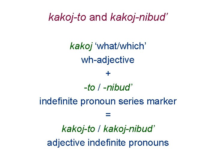 kakoj-to and kakoj-nibud’ kakoj ‘what/which’ wh-adjective + -to / -nibud’ indefinite pronoun series marker