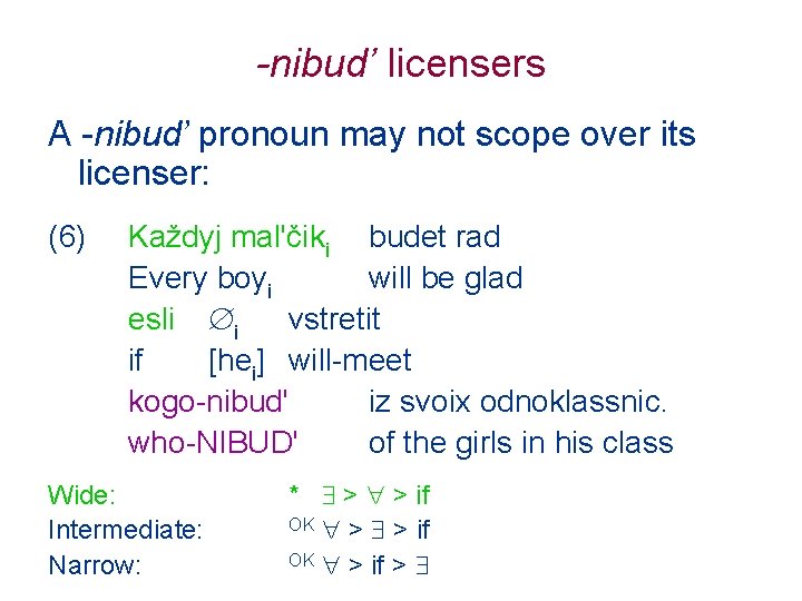 -nibud’ licensers A -nibud’ pronoun may not scope over its licenser: (6) Každyj mal'čiki