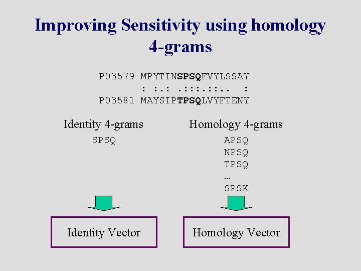 Improving Sensitivity using homology 4 -grams P 03579 MPYTINSPSQFVYLSSAY : : : . .