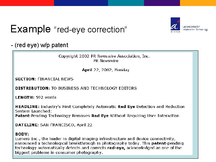 Example “red-eye correction” - (red eye) w/p patent 