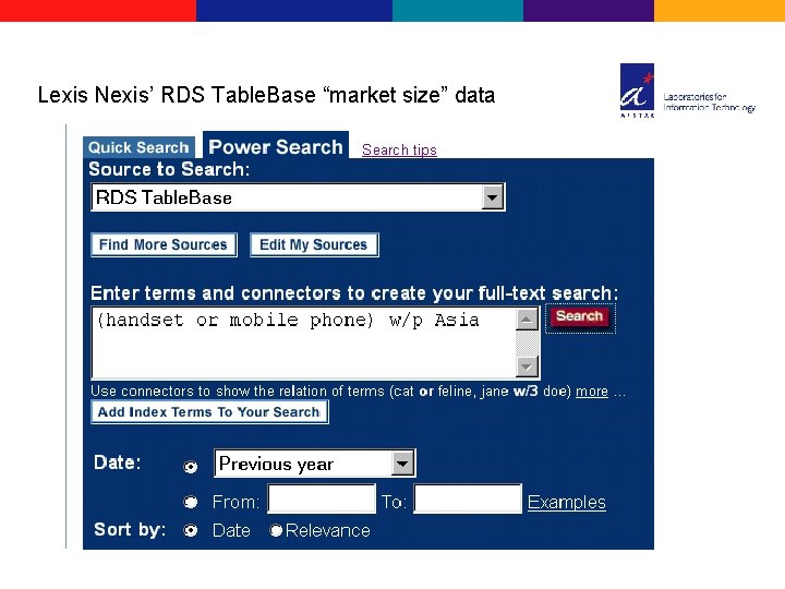 Lexis Nexis’ RDS Table. Base “market size” data 