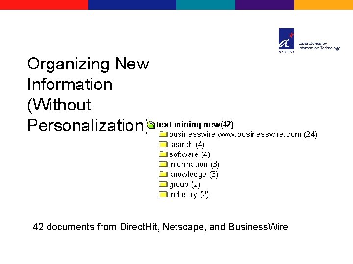 Organizing New Information (Without Personalization) 42 documents from Direct. Hit, Netscape, and Business. Wire