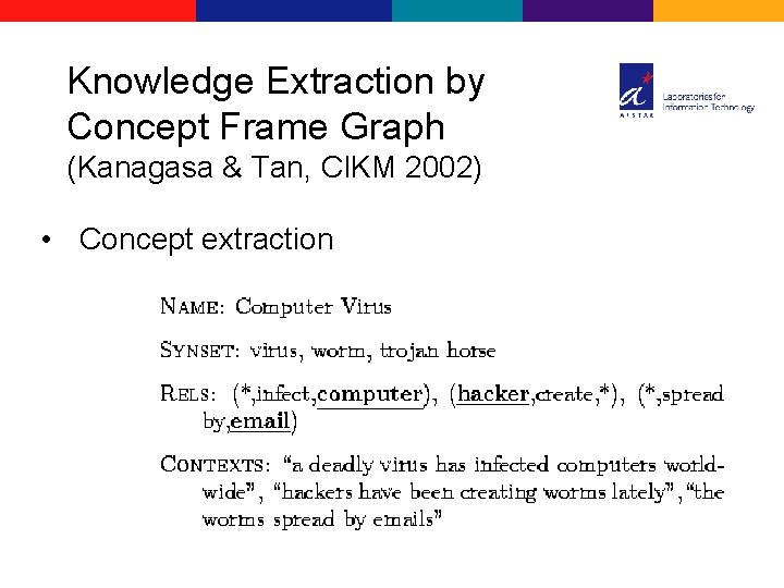 Knowledge Extraction by Concept Frame Graph (Kanagasa & Tan, CIKM 2002) • Concept extraction