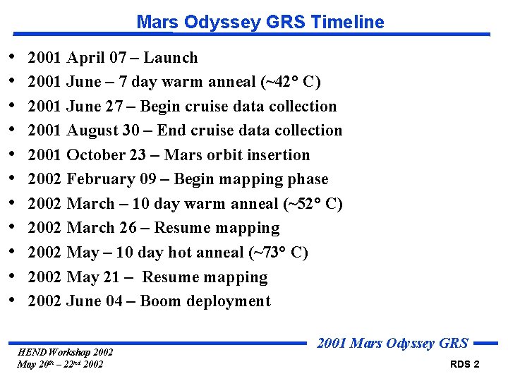 Mars Odyssey GRS Timeline • • • 2001 April 07 – Launch 2001 June