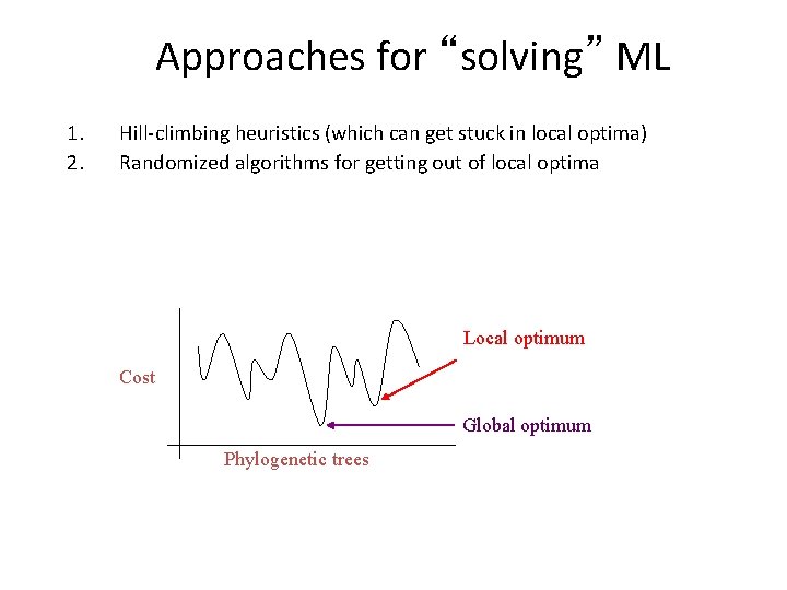 Approaches for “solving” ML 1. 2. Hill-climbing heuristics (which can get stuck in local