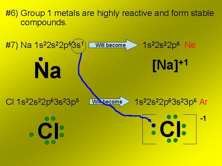 #6) Group 1 metals are highly reactive and form stable compounds. #7) Na 1