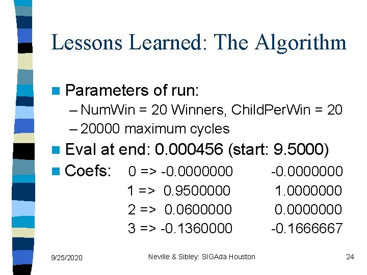 Lessons Learned: The Algorithm n Parameters of run: – Num. Win = 20 Winners,