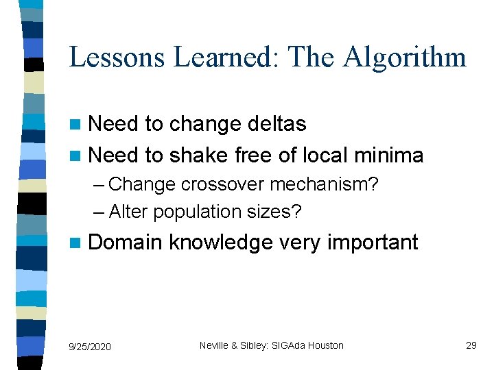 Lessons Learned: The Algorithm n Need to change deltas n Need to shake free